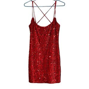 Lucy in the Sky Red Velvet Sequin Skinny Strap Mini Dress XL Holiday NYE Bodycon
